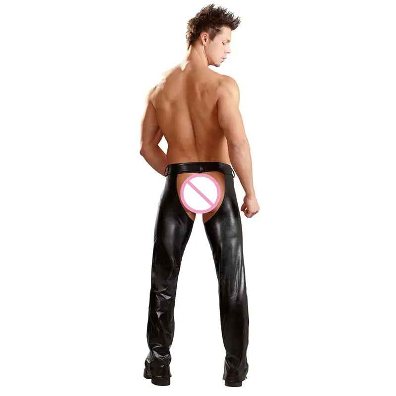 Men's PU Leather Open-Crotch Pants for Nightclub Performances