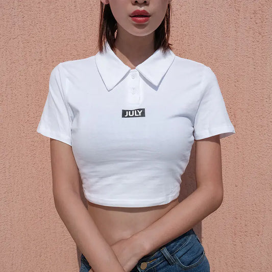 Short Cropped Polo Letter Print T-Shirt
