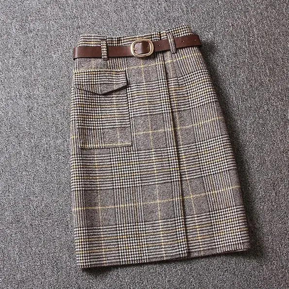 Woolen Plaid Women's High Waist Slit Midi Skirt