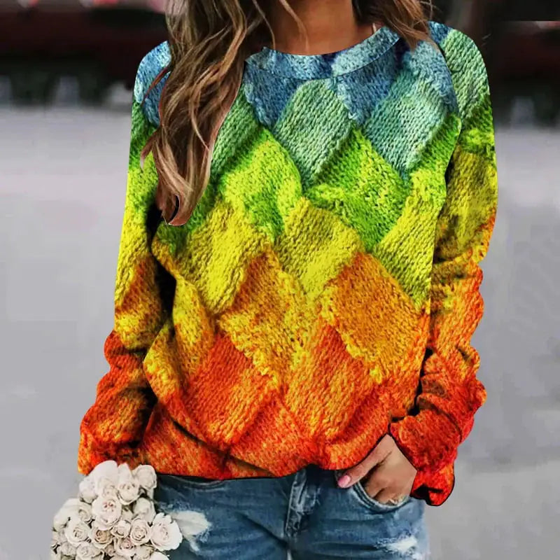 Women's Printed Patchwork Long Sleeve Raglan Sweater