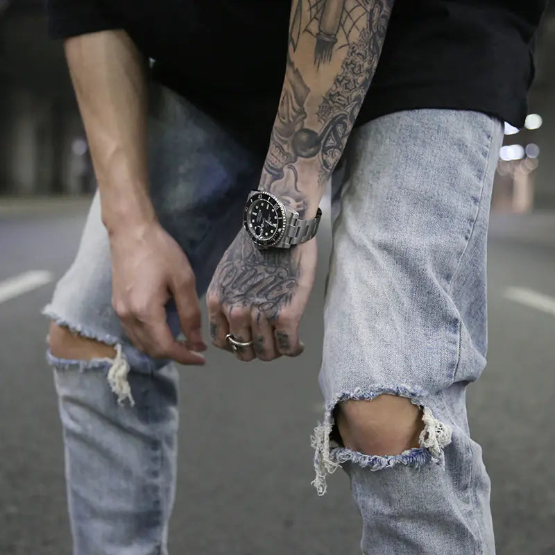 High Street Style Slim Fit Button Design Ripped Jeans